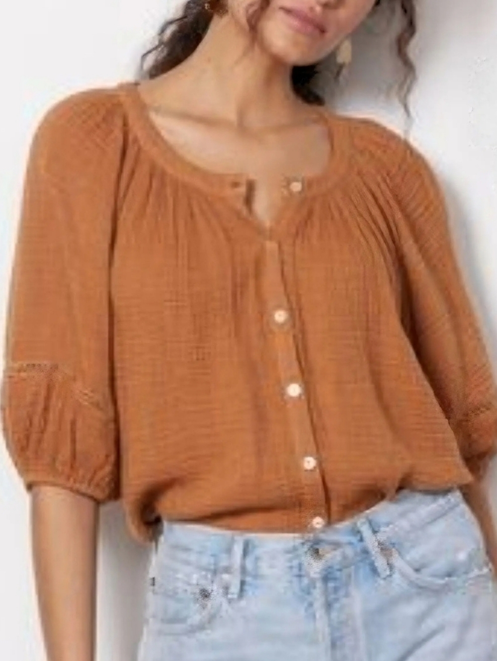 Red Haute Copper/Clay Button-Front Balloon-Sleeve Peasant Blouse